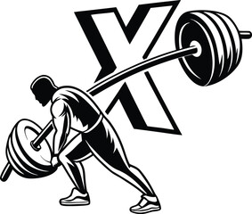 Weightlifter lifting barbell with large letter X weights
