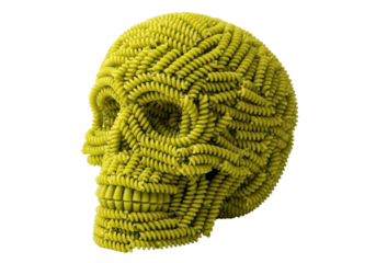 Yellow pasta skull isolated PNG on transparent background, creative food art concept for Halloween and spooky designs, unique and eye-catching