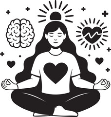 Woman meditating with brain heart and sun symbols Keywords: meditation, woman, yoga, zen, peace
