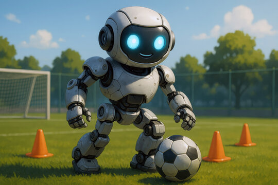 Robot playing soccer on a grassy field with orange cones football sport