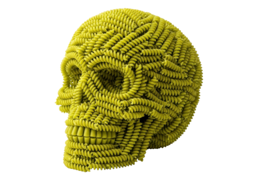 Yellow pasta skull isolated PNG on transparent background, creative food art concept for Halloween and spooky designs, unique and eye-catching