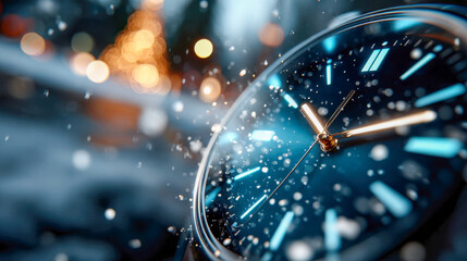 Close-up of a wristwatch in falling snow with festive bokeh lights, representing time, celebration, and the arrival of the new year