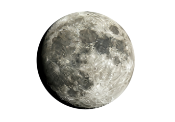 Detailed moon surface isolated PNG on transparent background, lunar landscape with craters and shadows for astronomy and science projects