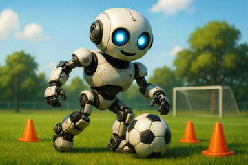 Robot with glowing eyes playing soccer on a sunny field football sport