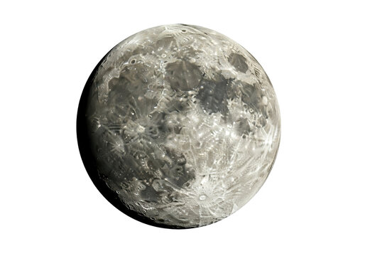 Detailed moon surface isolated PNG on transparent background, lunar landscape with craters and shadows for astronomy and science projects