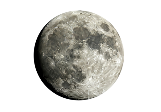 Detailed moon surface isolated PNG on transparent background, lunar landscape with craters and shadows for astronomy and science projects