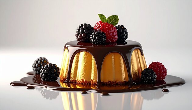 Decadent chocolate dessert topped with fresh berries and mint, a sweet culinary creation