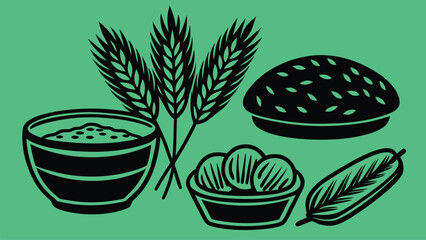 A 3×3 layout of food items related to wheat (bread loaf, wheat stalks, cereal bowl) on white background, clean and bright.
