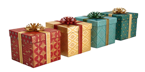 A pile of colorful wrapped Christmas gift boxes with shiny ribbons and bows, arranged in a pyramid. Isolated on transparent background, perfect for Christmas and New Year design, vector or realistic s