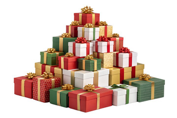 A pile of colorful wrapped Christmas gift boxes with shiny ribbons and bows, arranged in a pyramid. Isolated on transparent background, perfect for Christmas and New Year design, vector or realistic s