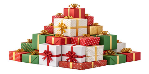 A pile of colorful wrapped Christmas gift boxes with shiny ribbons and bows, arranged in a pyramid. Isolated on transparent background, perfect for Christmas and New Year design, vector or realistic s