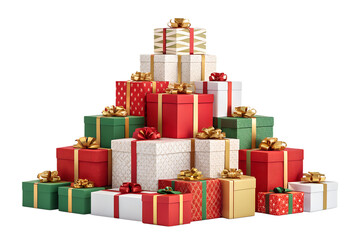 A pile of colorful wrapped Christmas gift boxes with shiny ribbons and bows, arranged in a pyramid. Isolated on transparent background, perfect for Christmas and New Year design, vector or realistic s