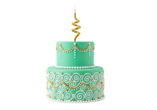Two-tiered mint green cake with gold candle isolated PNG, birthday celebration dessert on transparent background
