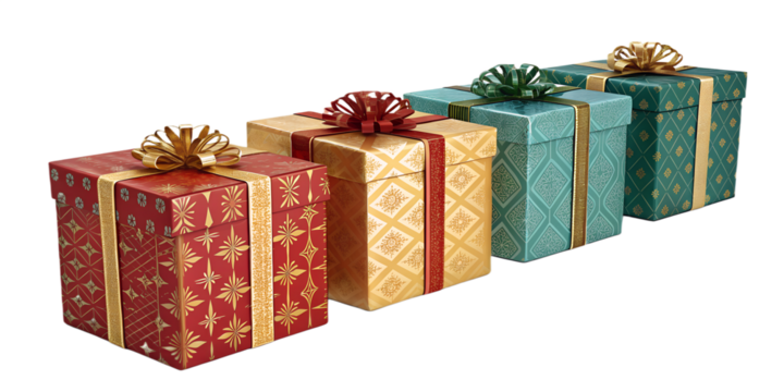 A pile of colorful wrapped Christmas gift boxes with shiny ribbons and bows, arranged in a pyramid. Isolated on transparent background, perfect for Christmas and New Year design, vector or realistic s - Powered by Adobe