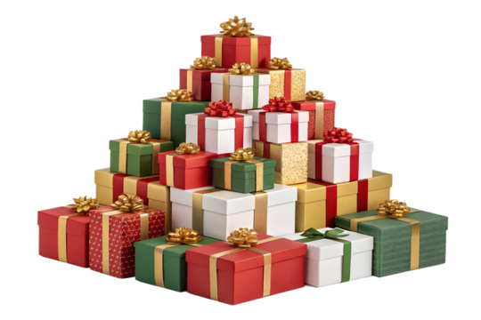 A pile of colorful wrapped Christmas gift boxes with shiny ribbons and bows, arranged in a pyramid. Isolated on transparent background, perfect for Christmas and New Year design, vector or realistic s - Powered by Adobe
