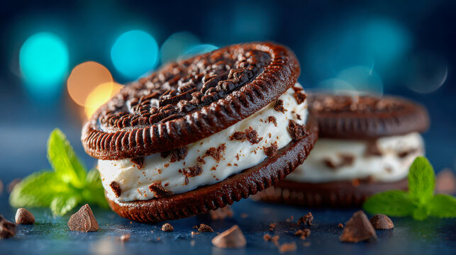Close-up of two chocolate sandwich cookies filled with creamy vanilla and caramel, sprinkled with sugar crystals