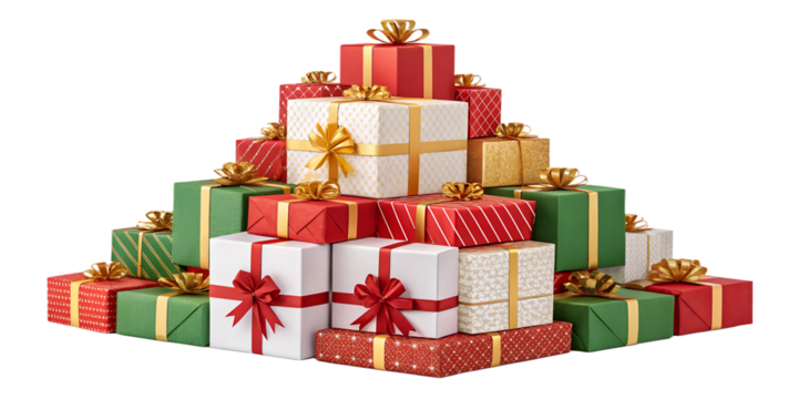 A pile of colorful wrapped Christmas gift boxes with shiny ribbons and bows, arranged in a pyramid. Isolated on transparent background, perfect for Christmas and New Year design, vector or realistic s
