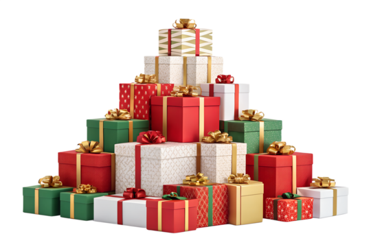 A pile of colorful wrapped Christmas gift boxes with shiny ribbons and bows, arranged in a pyramid. Isolated on transparent background, perfect for Christmas and New Year design, vector or realistic s