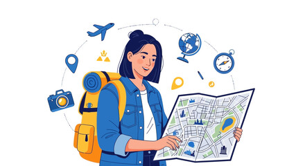 Young Woman Planning Vacation Trip Route, Focused on Exploration and Seeking Adventures