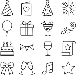 Vector monochrome line icon set about celebration