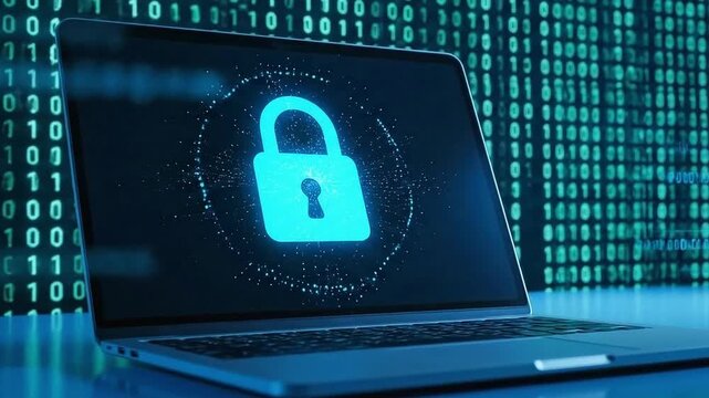 Strategies for Protecting Your Data, Privacy, and Network Infrastructure in the Modern Digital security of digital world, laptop on table in backround binary number s