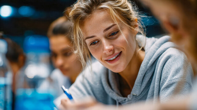 Smiling student writing in notebook during class, representing learning, concentration, and higher education