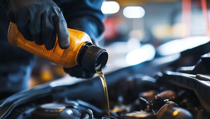 Car Maintenance: Close-up of Mechanic Pouring Fresh Engine Oil into Car Engine, Wearing Gloves, Automotive Service and Vehicle Care