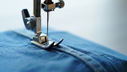 Close-up of a sewing machine needle stitching denim fabric