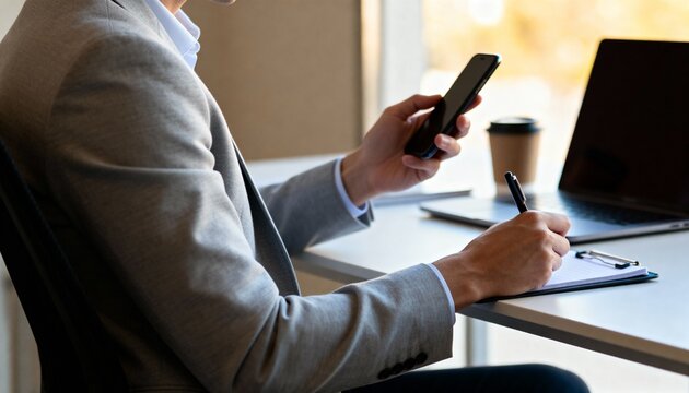 Business Professional Taking Notes while Using Smartphone at Modern Office