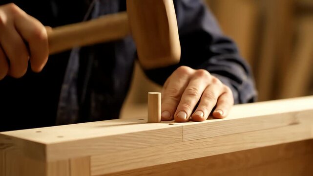 Carpenter Inserting Wooden Dowel Into Wood Furniture Closeup