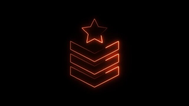 Glowing orange neon chevron rank insignia with star emblem on black background abstract digital animation - Powered by Adobe