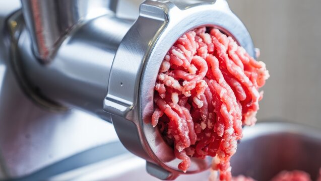 Freshly ground meat being processed through a meat grinder - Powered by Adobe