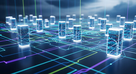 Abstract futuristic server room with data transmission and processing in cyberspace