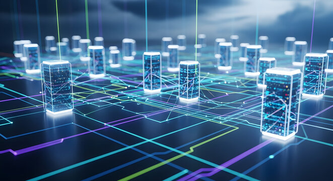 Abstract futuristic server room with data transmission and processing in cyberspace