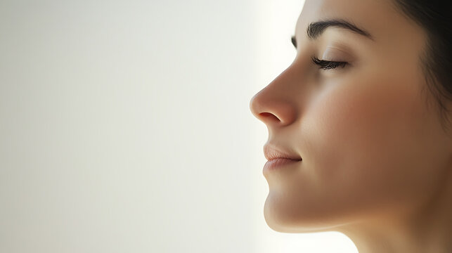 Profile of a serene woman with closed eyes, embodying calmness and inner peace. A minimalist portrait that radiates tranquility and natural beauty, ideal for wellness content.
