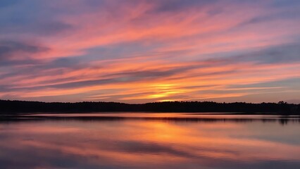 Obraz premium Vibrant sunset over calm lake with colorful sky reflection