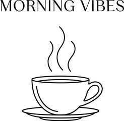 Minimalist line art of a steaming coffee cup with morning vibes on a white background