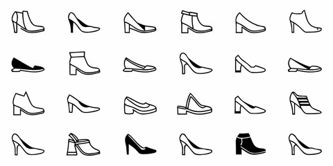 Collection of various women's footwear silhouettes including heels boots and flats in black and white style