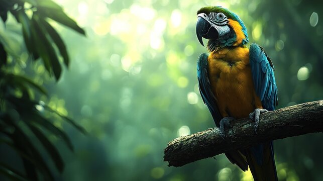 Blue-and-yellow macaw perched on a branch in lush green rainforest setting