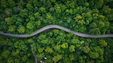 Aerial view of road in the middle of the forest , Top view road curve construction up to mountain, Rainforest ecosystem and healthy environment concept