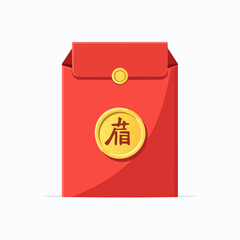A bright red envelope with a gold coin, symbolizing good fortune and prosperity.