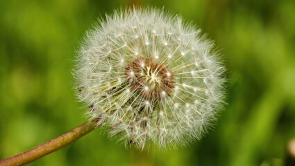Fototapeta premium Close-up of a dandelion seed head against a vibrant green background