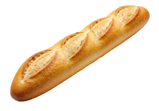 A single, golden-brown, artisanal French baguette with crispy, flour-dusted crust, tapering ends, isolated on a transparent background with copy space, natural studio light, traditional French bakery