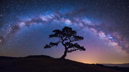 Silhouette of a lone tree against the vibrant milky way galaxy