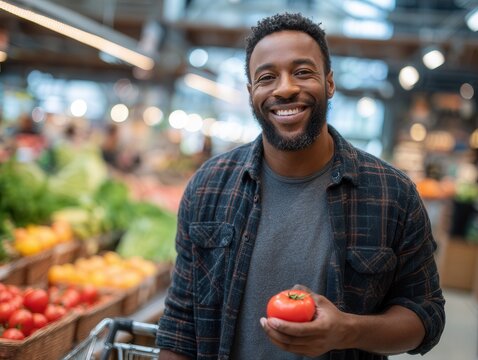 Smiling man standing at produce section in a supermarket, holding fresh tomato - Powered by Adobe
