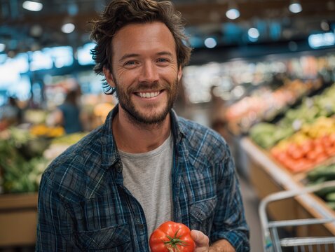 Smiling man standing at produce section in a supermarket, holding fresh tomato