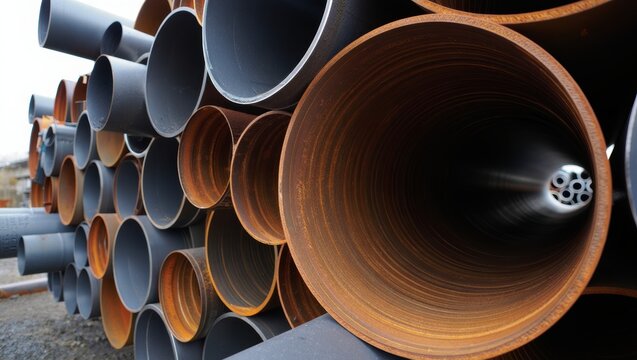 Stacked industrial pipes showcasing various textures and colors in a construction site