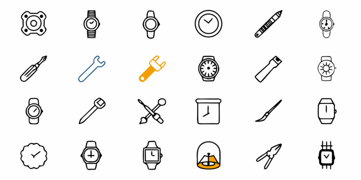 Illustration showing various tools and timepieces including watches and clocks in a grid pattern