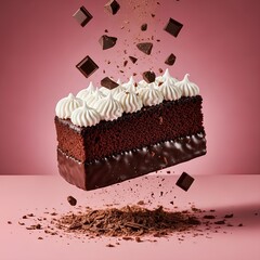 A professional, high-impact, commercial food photograph of a slice of chocolate cake, captured in a dynamic, frozen-motion style