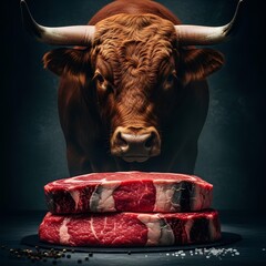 A dramatic, high-contrast, cinematic studio photograph featuring a majestic bull's head positioned directly above a stack of raw steaks.